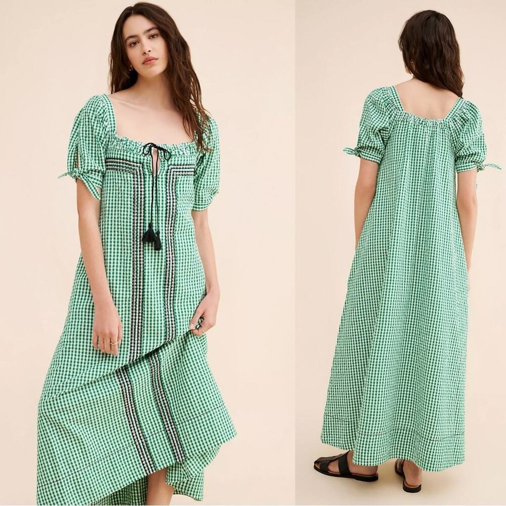 Free People Bohemian Embroidered Gingham Seersucker Cass Maxi Dress Green Small - Picture 3 of 16
